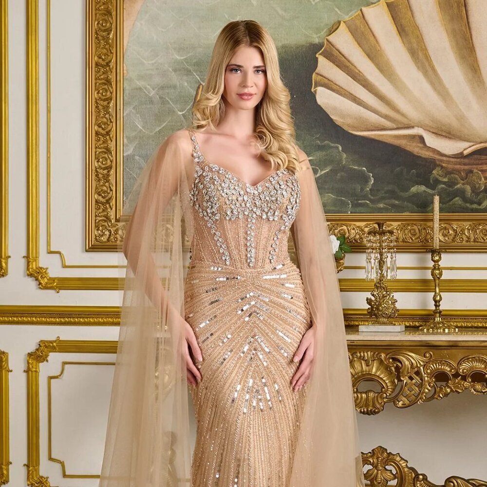 N/A New Champagne Pageant Sheath Gown w/ Cape Sleeves & Dazzling Beadwork GL3665